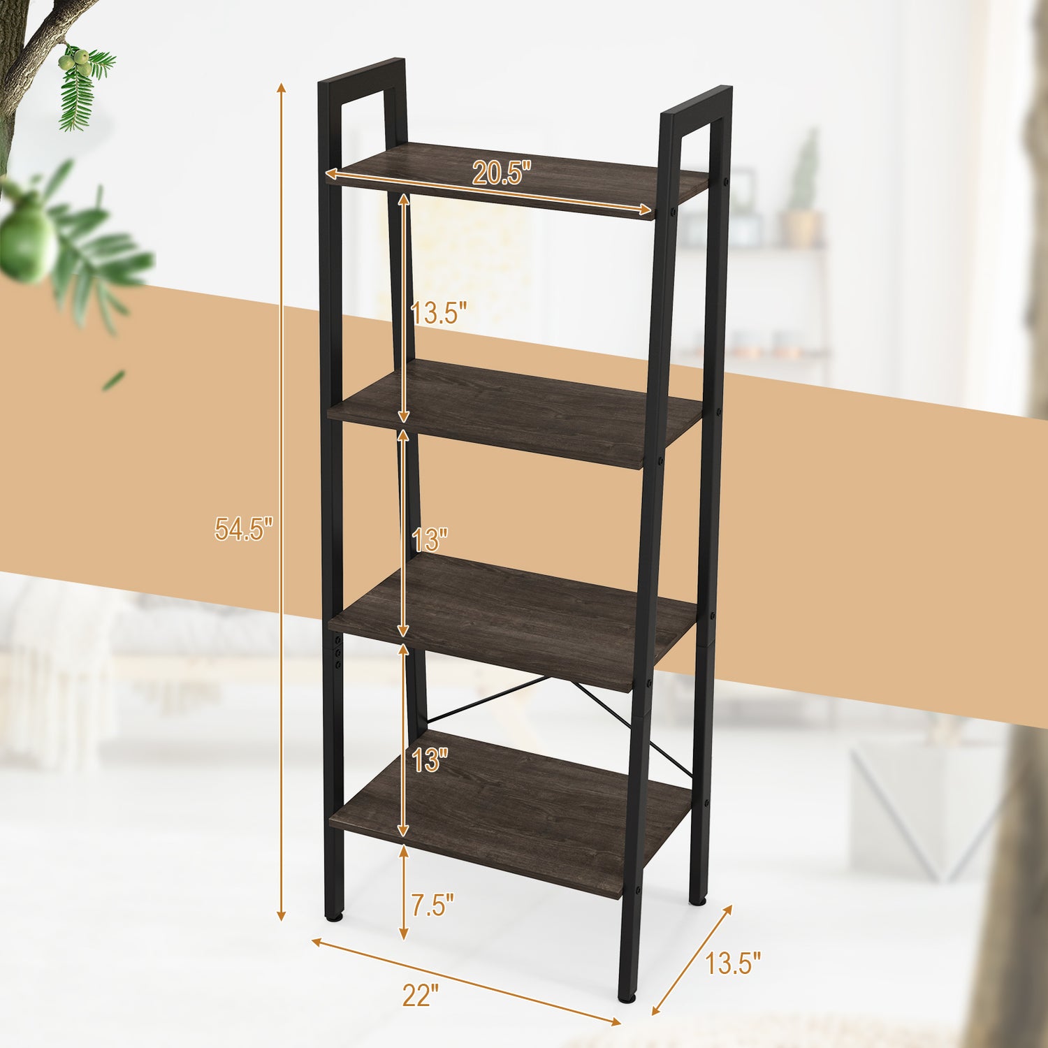 4-Tier Bookshelf with Metal Frame and Adjustable Foot Pads