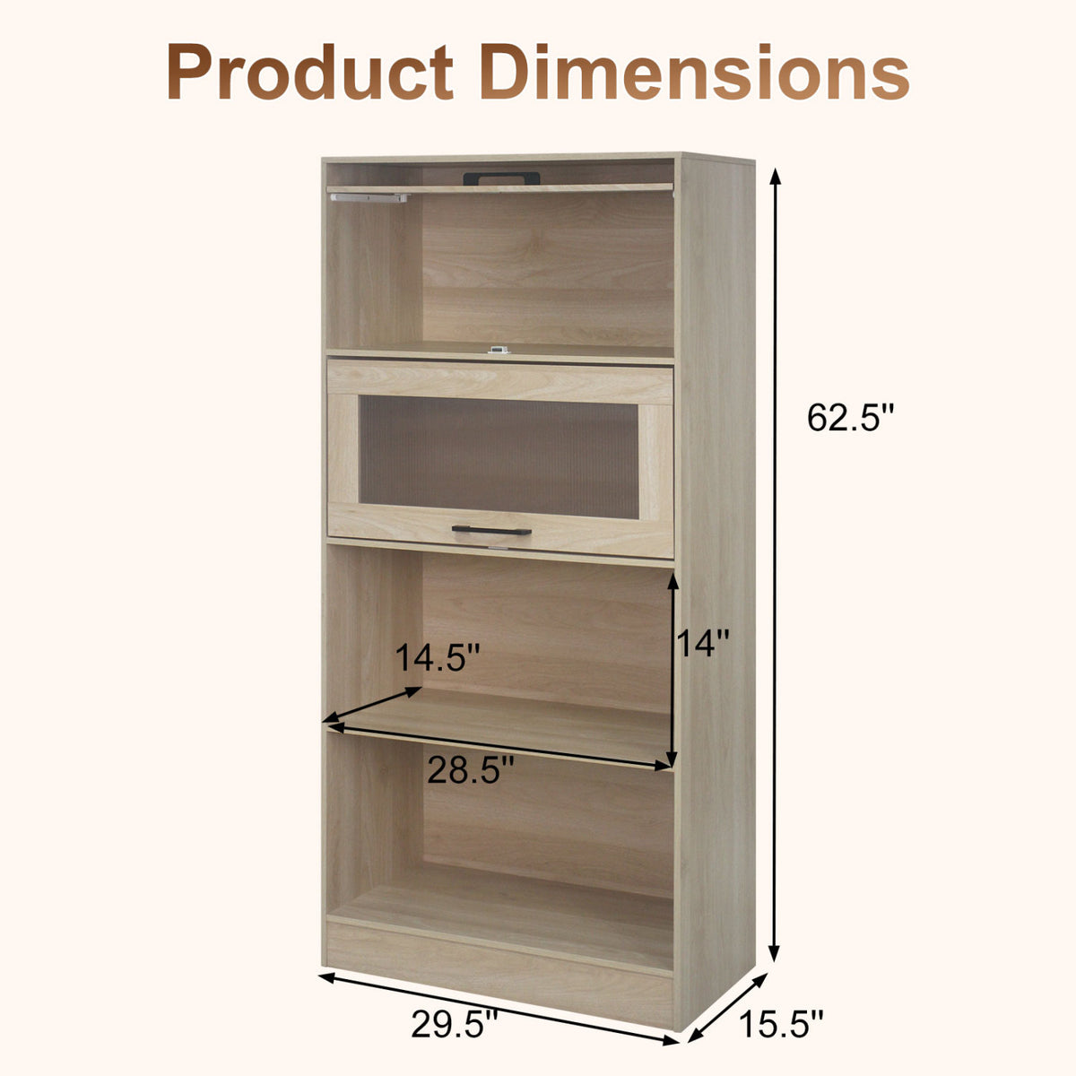 4-Tier Bookshelf with Storage Cabinets and Open Compartments-Natural