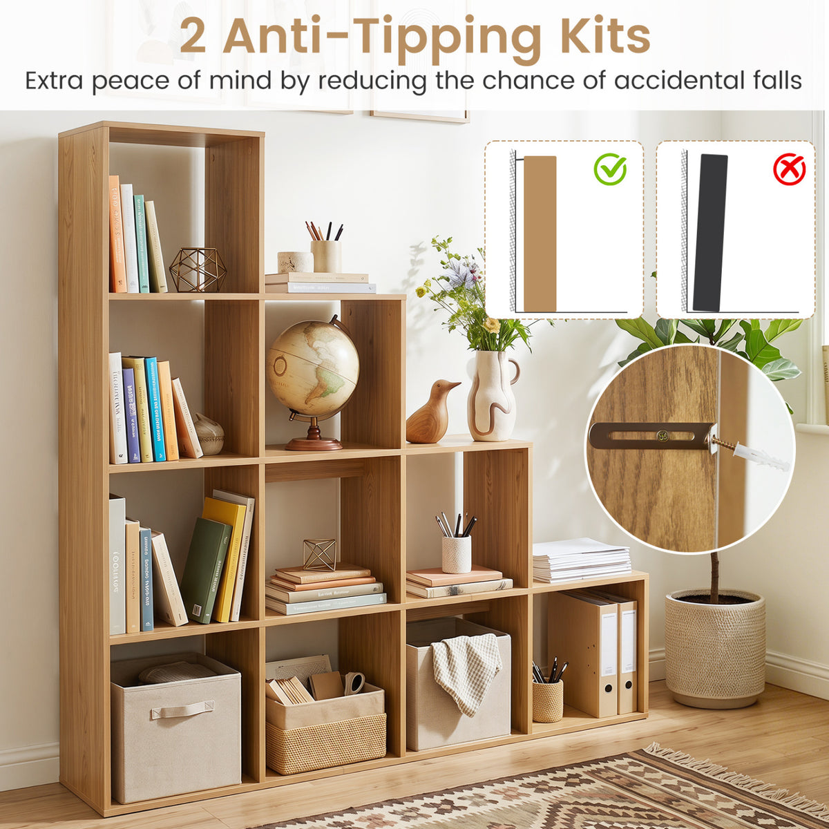 4-Tier Bookshelf with 2 Anti-Tipping Kits for Home Office