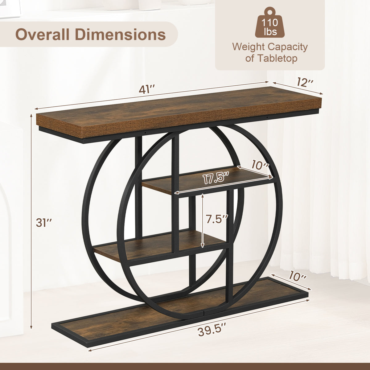 4-Tier Console Table 41 Inches Entryway Table with Storage Shelves