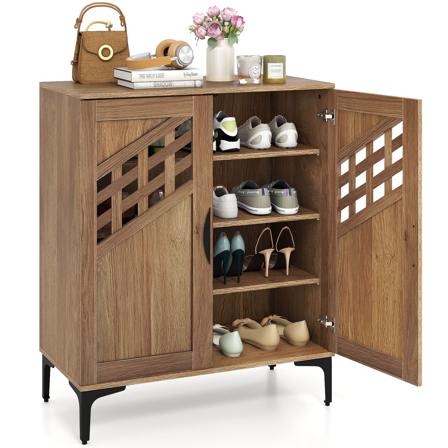 4 Tier Farmhouse Shoe Storage Cabinet with Removable Shelves and Metal Legs