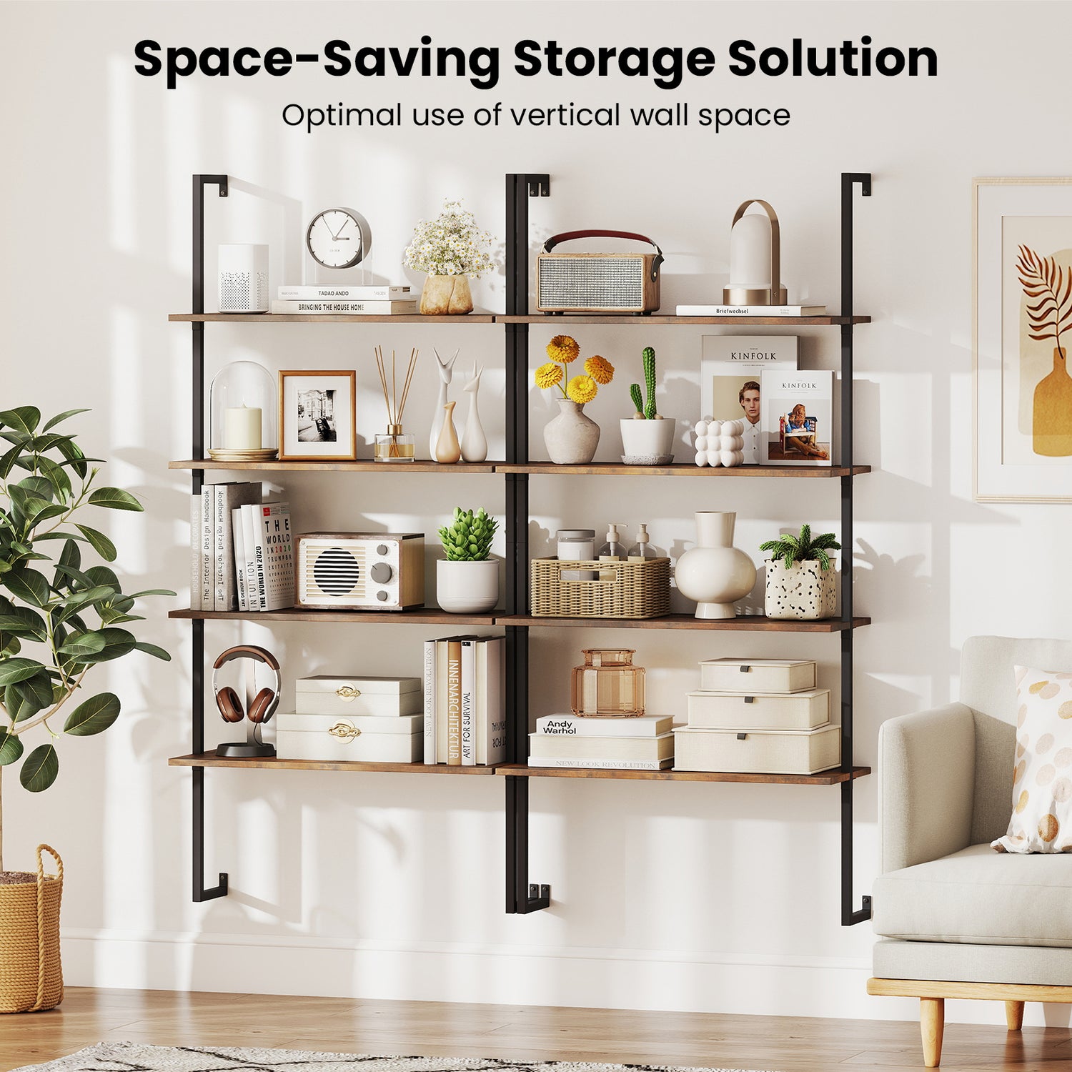 4-Tier Industrial Ladder Bookshelf with Metal Frame-Coffee