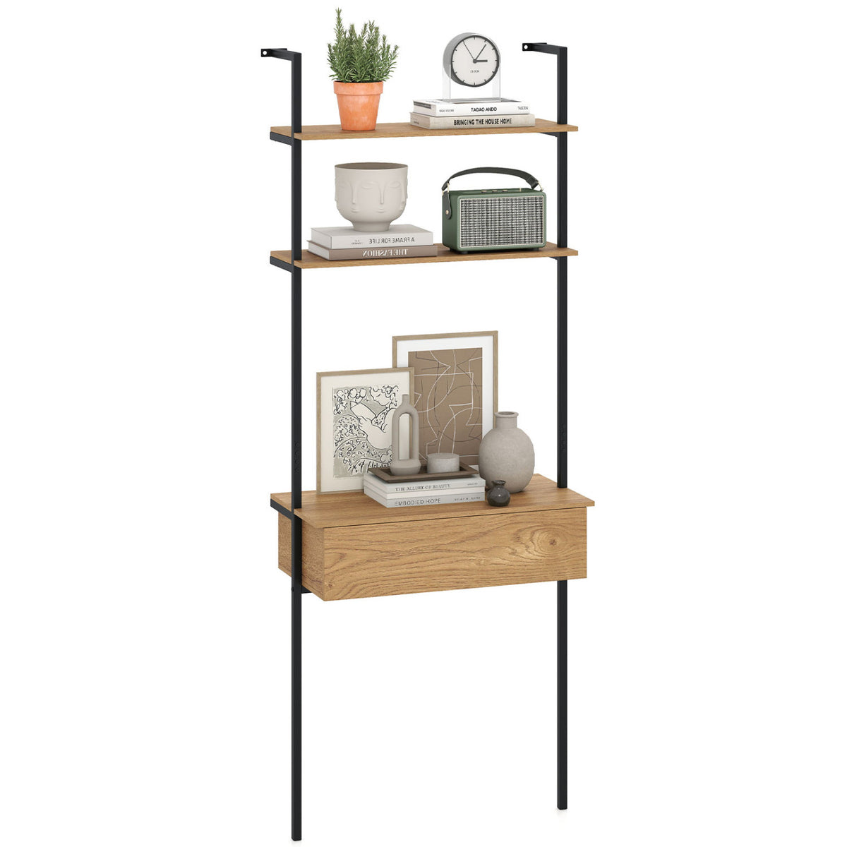 4-Tier Ladder Bookshelf with Drawer and Metal Frame for Living Room