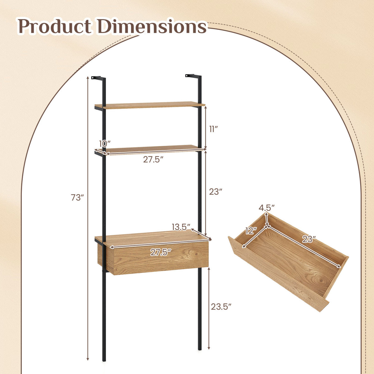 4-Tier Ladder Bookshelf with Drawer and Metal Frame for Living Room