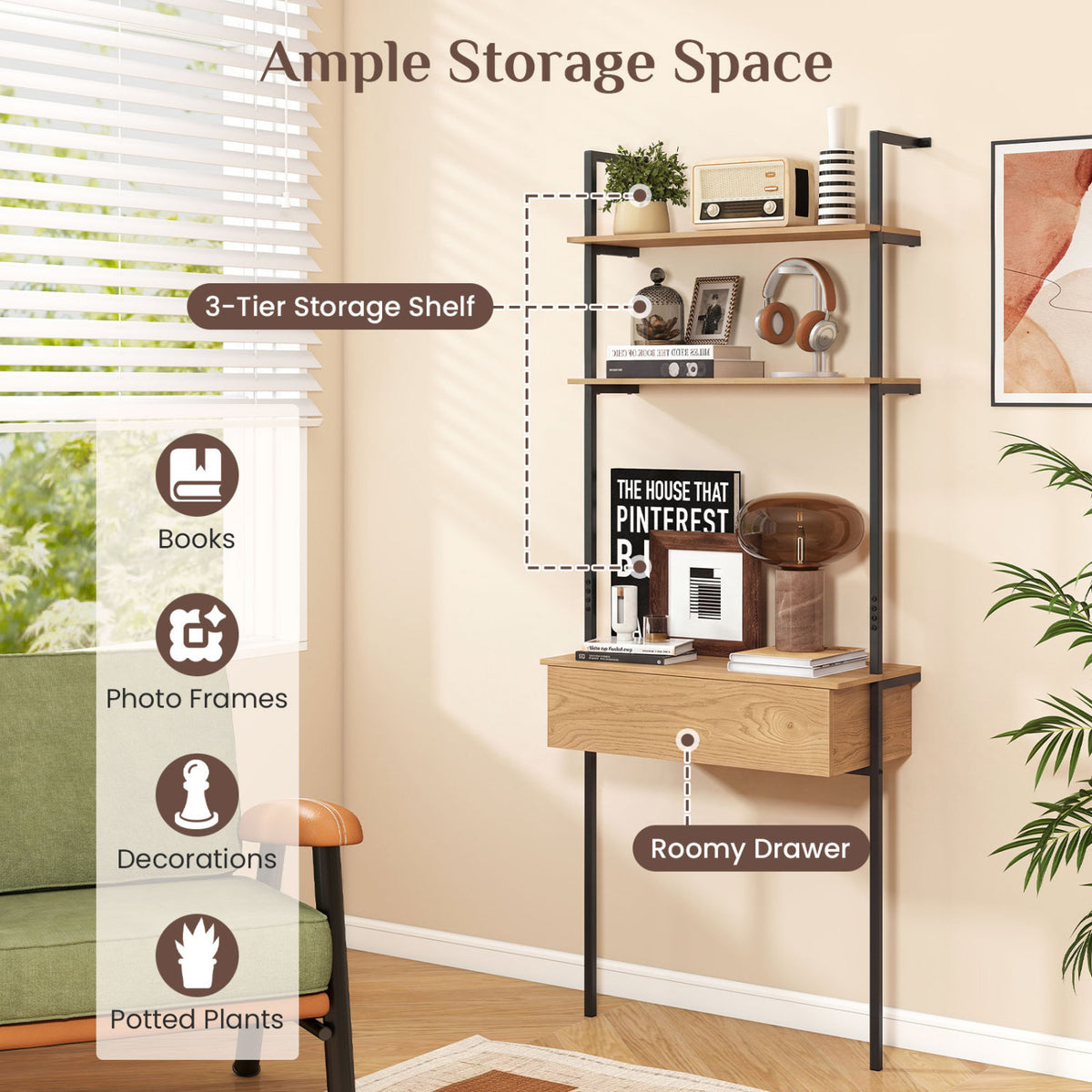 4-Tier Ladder Bookshelf with Drawer and Metal Frame for Living Room