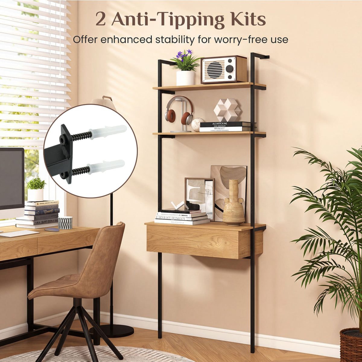 4-Tier Ladder Bookshelf with Drawer and Metal Frame for Living Room