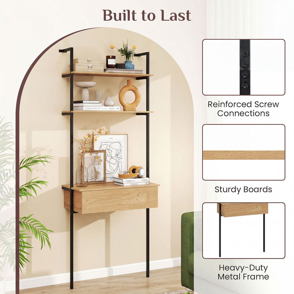 4-Tier Ladder Bookshelf with Drawer and Metal Frame for Living Room