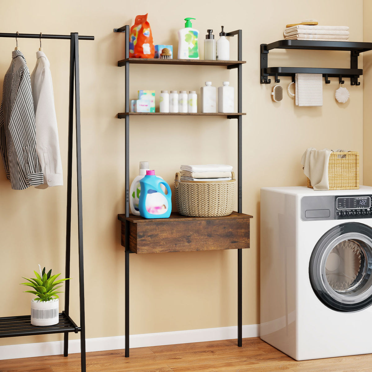 4-Tier Ladder Bookshelf with Drawer and Metal Frame for Living Room