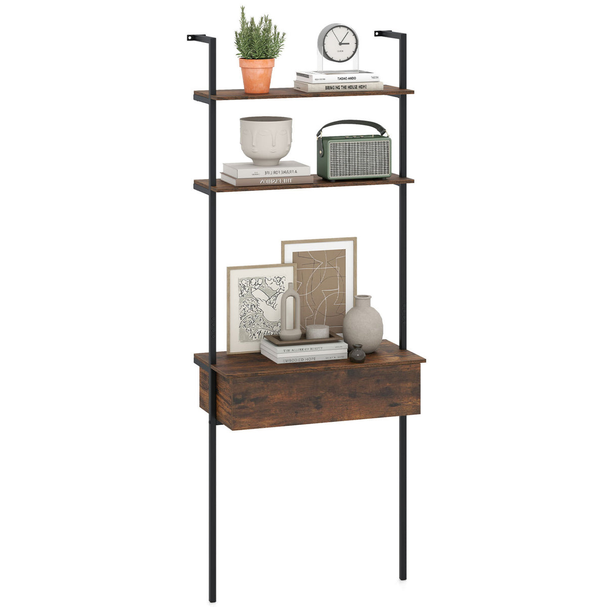 4-Tier Ladder Bookshelf with Drawer and Metal Frame for Living Room