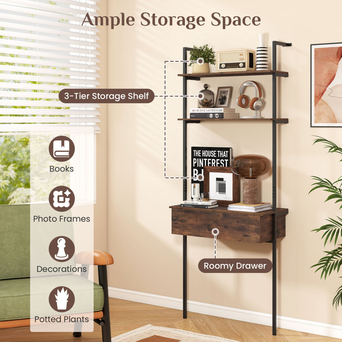 4-Tier Ladder Bookshelf with Drawer and Metal Frame for Living Room