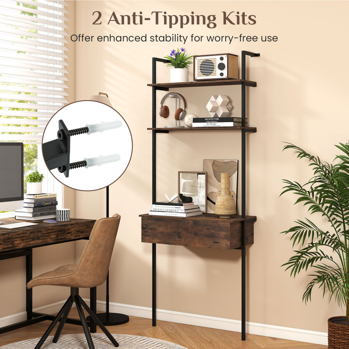4-Tier Ladder Bookshelf with Drawer and Metal Frame for Living Room