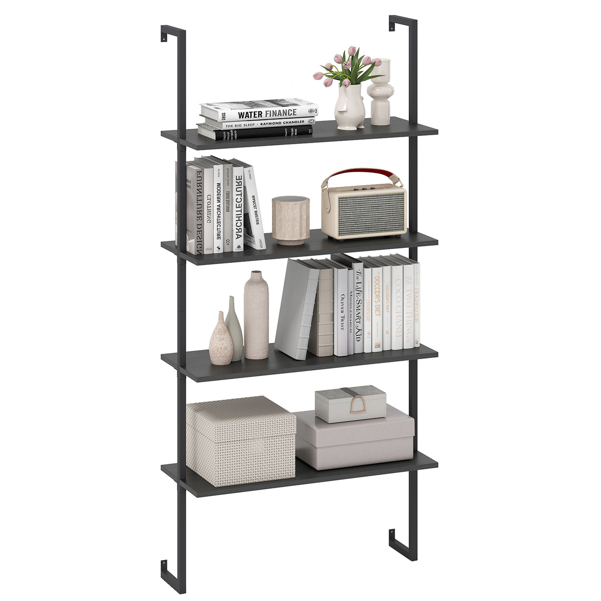 4-Tier Ladder Shelf Open Wall Mounted Bookcase with Wooden Boards and Metal Frame-Black
