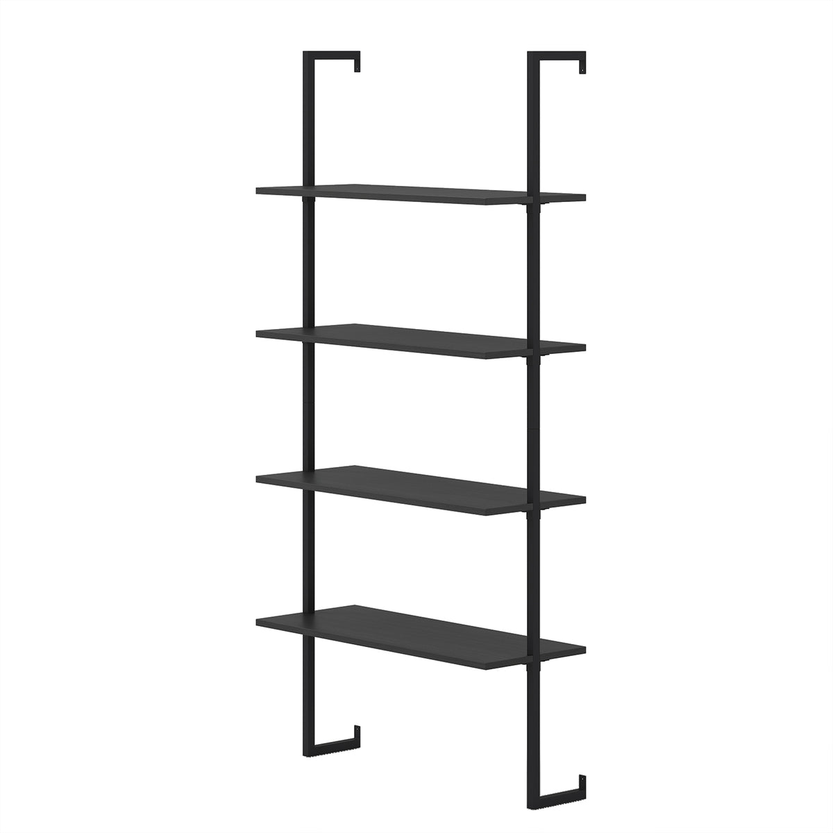 4-Tier Ladder Shelf Open Wall Mounted Bookcase with Wooden Boards and Metal Frame-Black