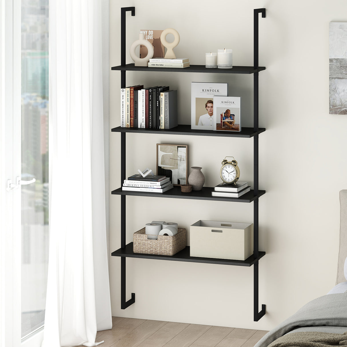 4-Tier Ladder Shelf Open Wall Mounted Bookcase with Wooden Boards and Metal Frame-Black