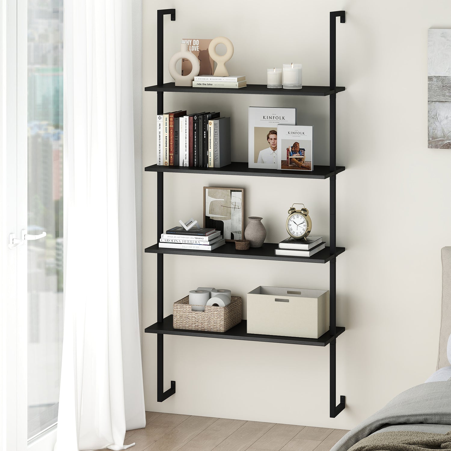 4-Tier Ladder Shelf Open Wall Mounted Bookcase with Wooden Boards and Metal Frame-Black
