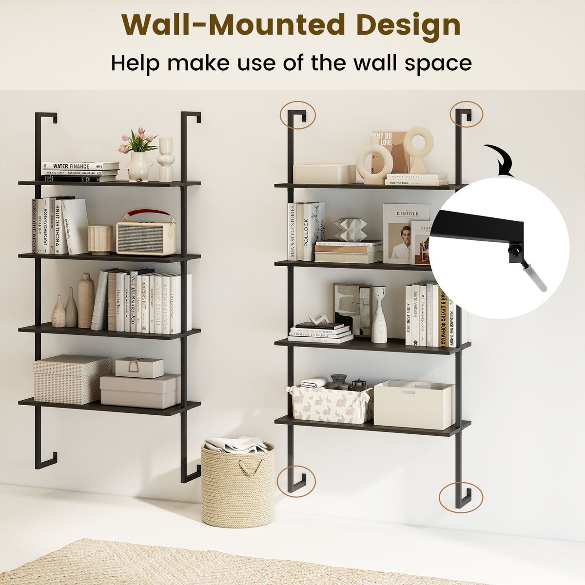 4-Tier Ladder Shelf Open Wall Mounted Bookcase with Wooden Boards and Metal Frame-Black