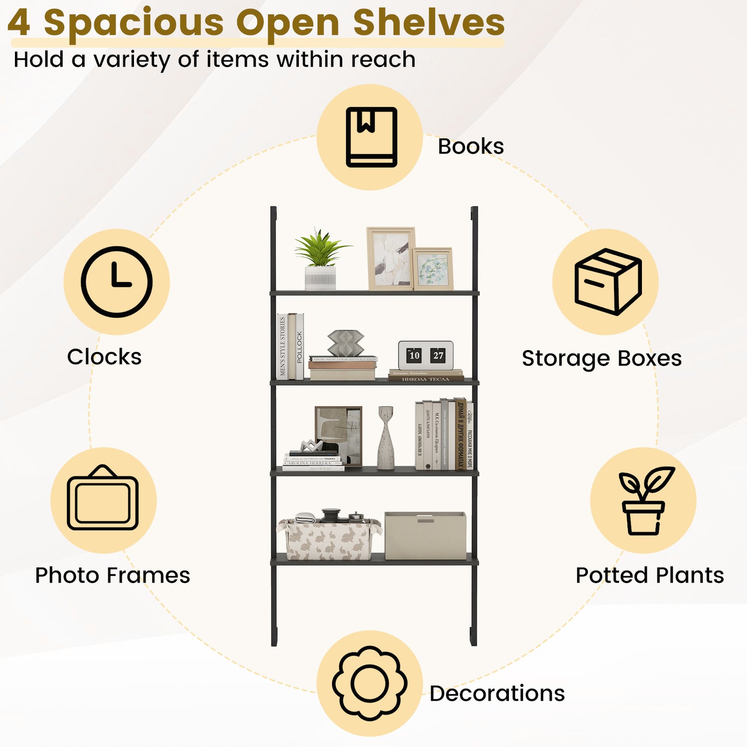 4-Tier Ladder Shelf Open Wall Mounted Bookcase with Wooden Boards and Metal Frame-Black