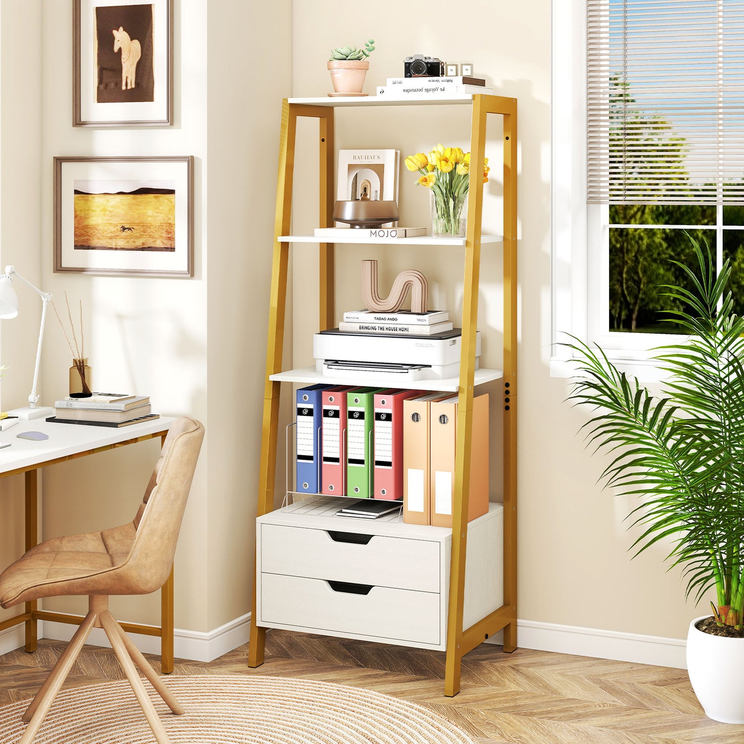 4-Tier Ladder Shelf with 2 Drawers 52.5 Inch Tall Freestanding Bookcase