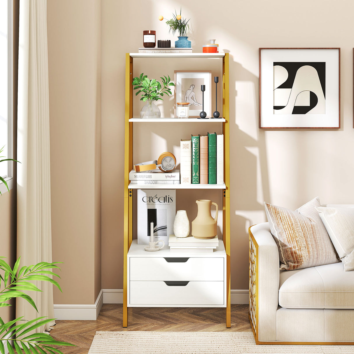 4-Tier Ladder Shelf with 2 Drawers 52.5 Inch Tall Freestanding Bookcase