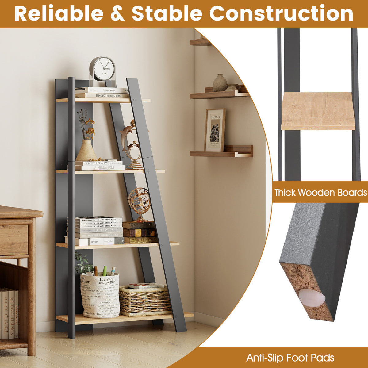 4-Tier Modern Bookshelf Wooden Vertical Display Book Shelf for Small Space