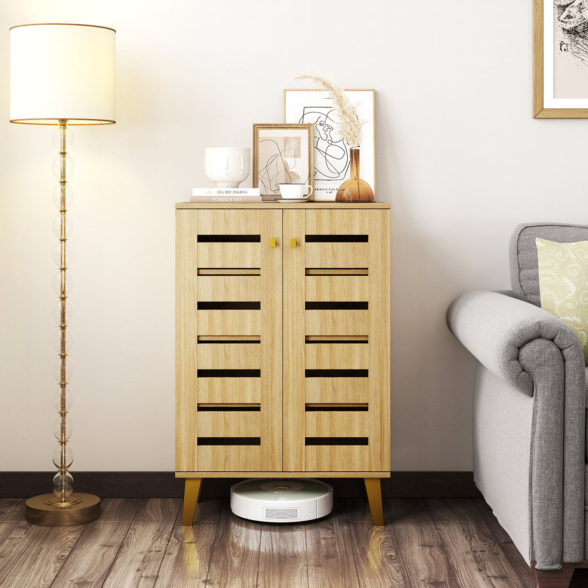 4-Tier Modern Freestanding Wooden Shoe Cabinet with Doors and Removable Shelves-Oak