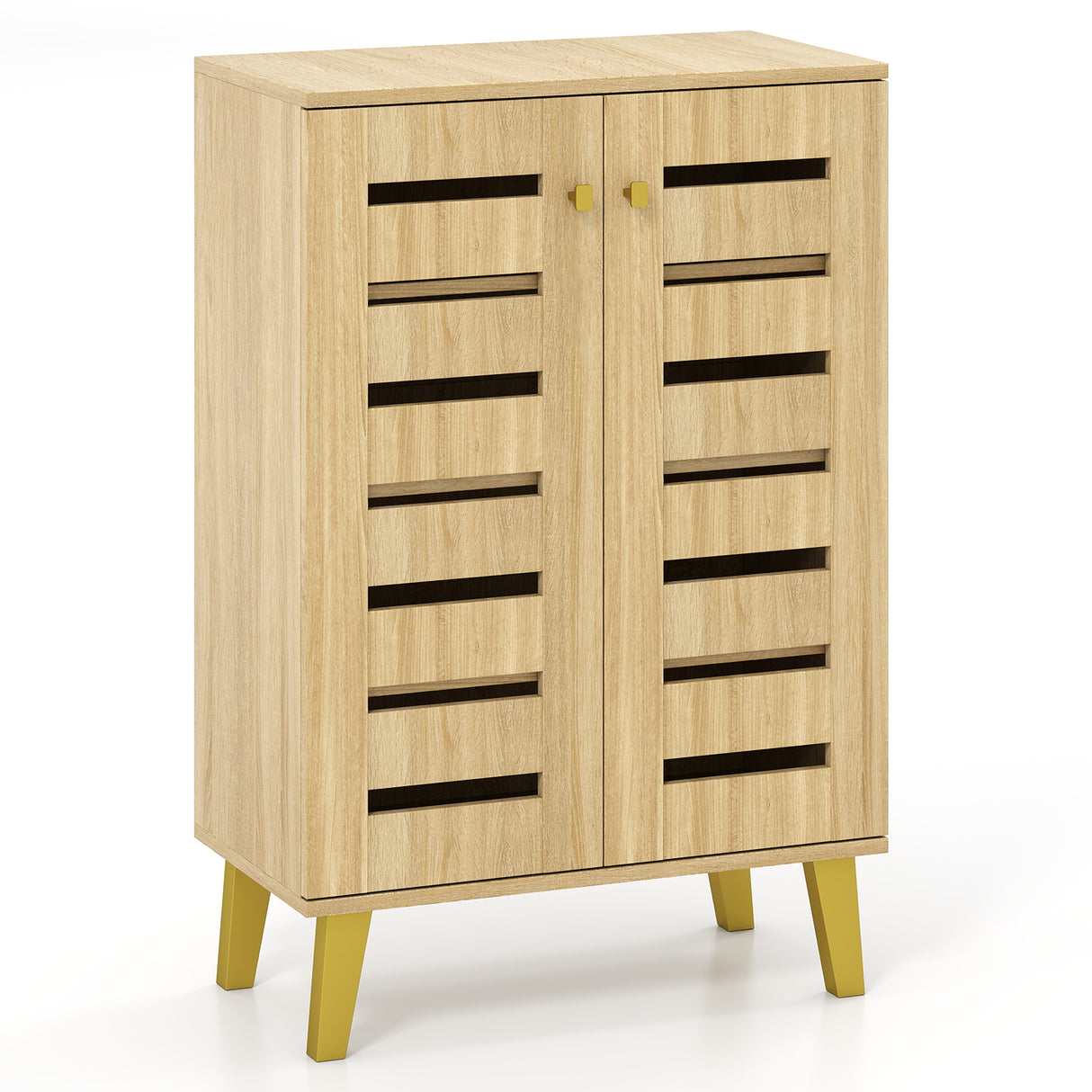4-Tier Modern Freestanding Wooden Shoe Cabinet with Doors and Removable Shelves-Oak