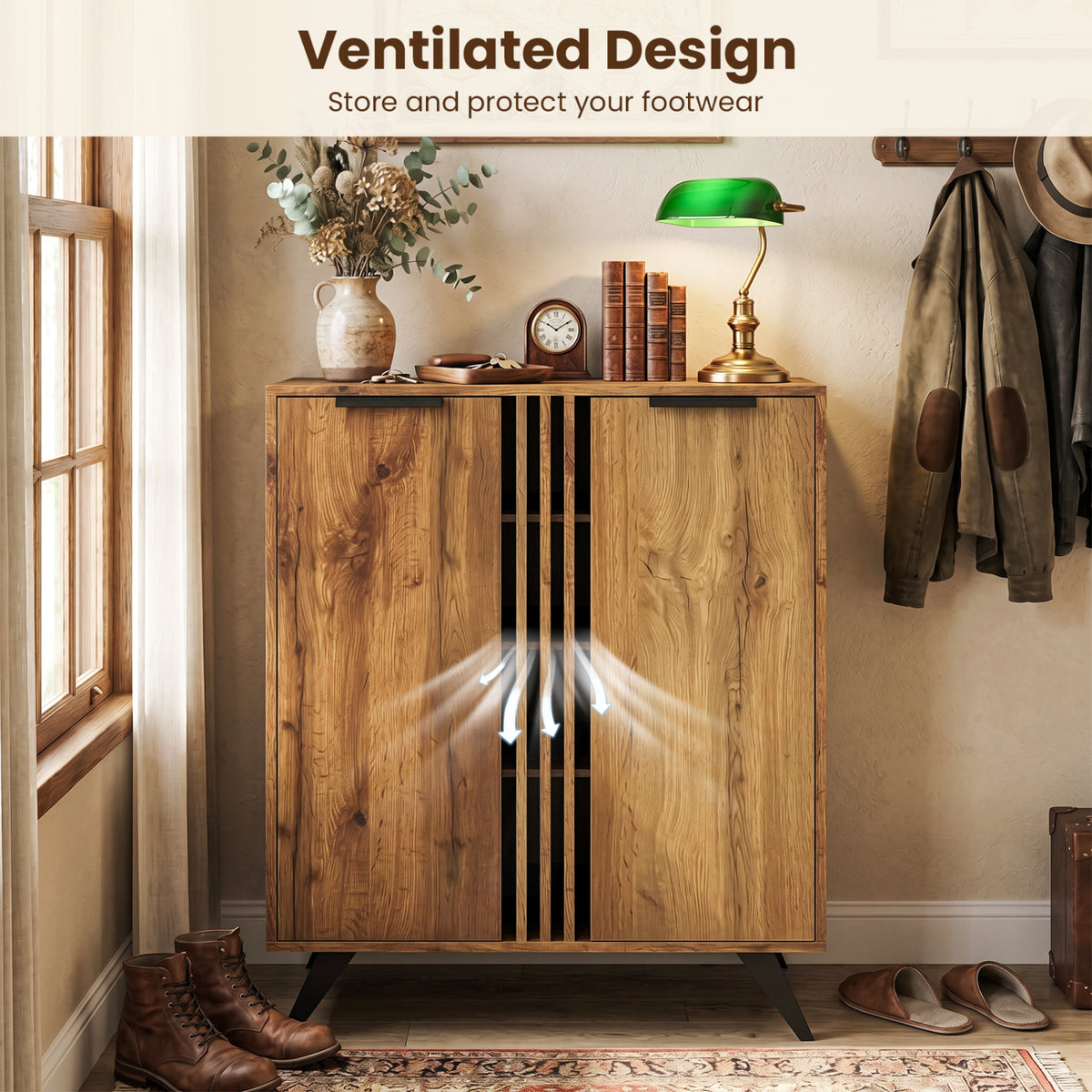 4-Tier Modern Freestanding Hidden Shoe Cabinet with 2 Doors-Natural