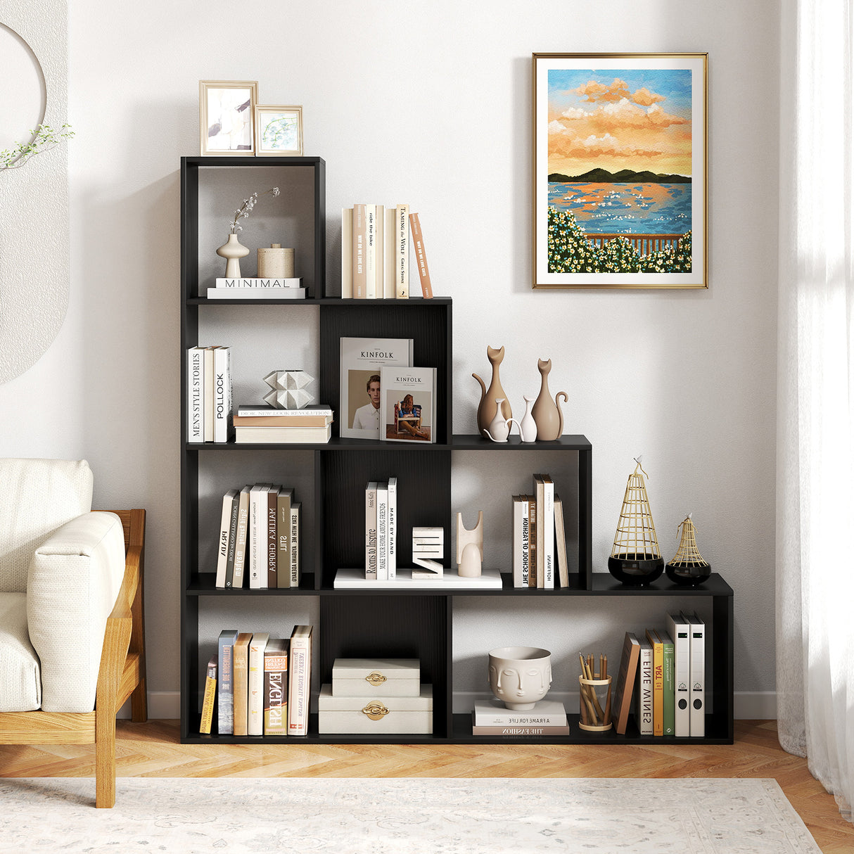 4-Tier Bookshelf Stair Bookcase with 6 Cubes Display Rack