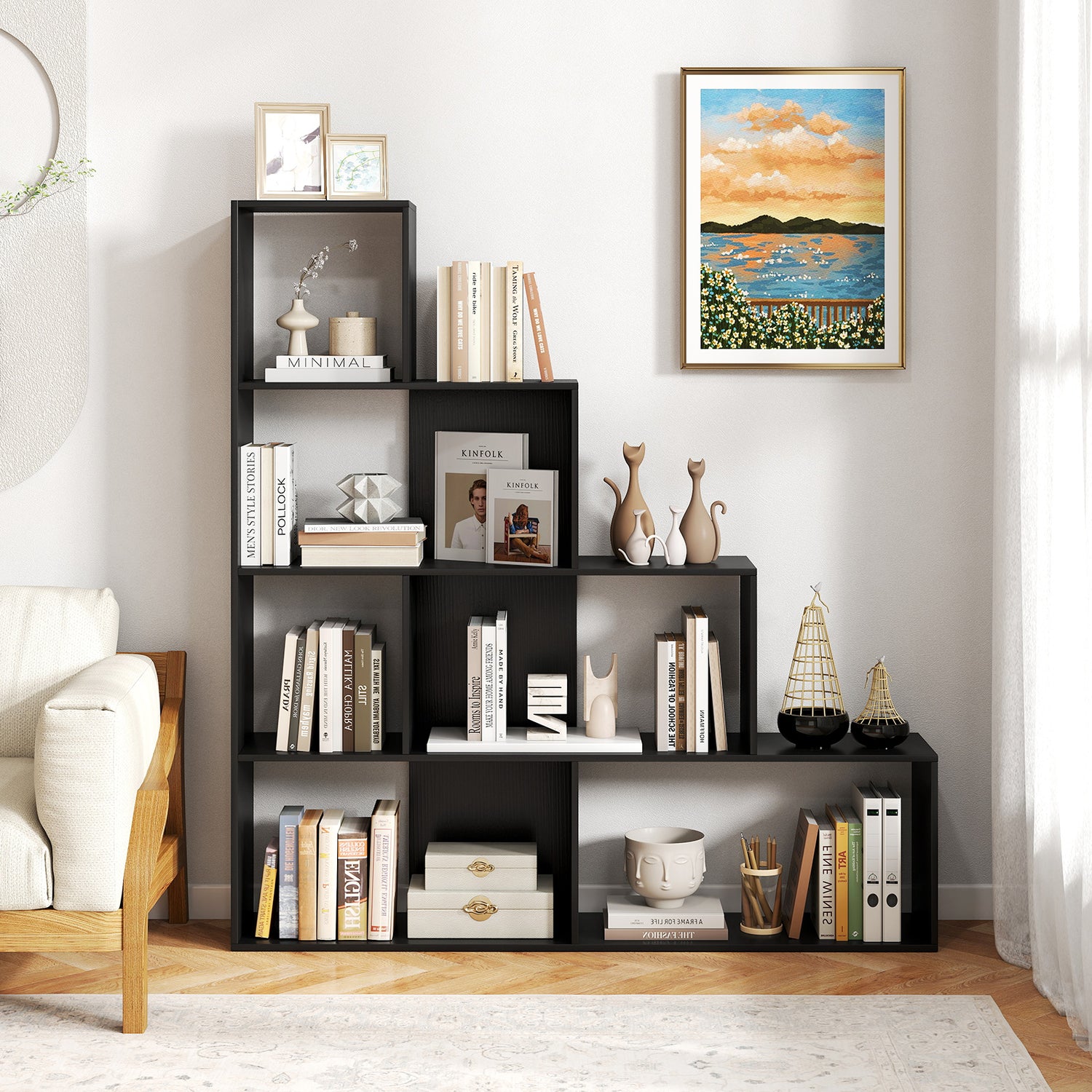 4-Tier Bookshelf Stair Bookcase with 6 Cubes Display Rack