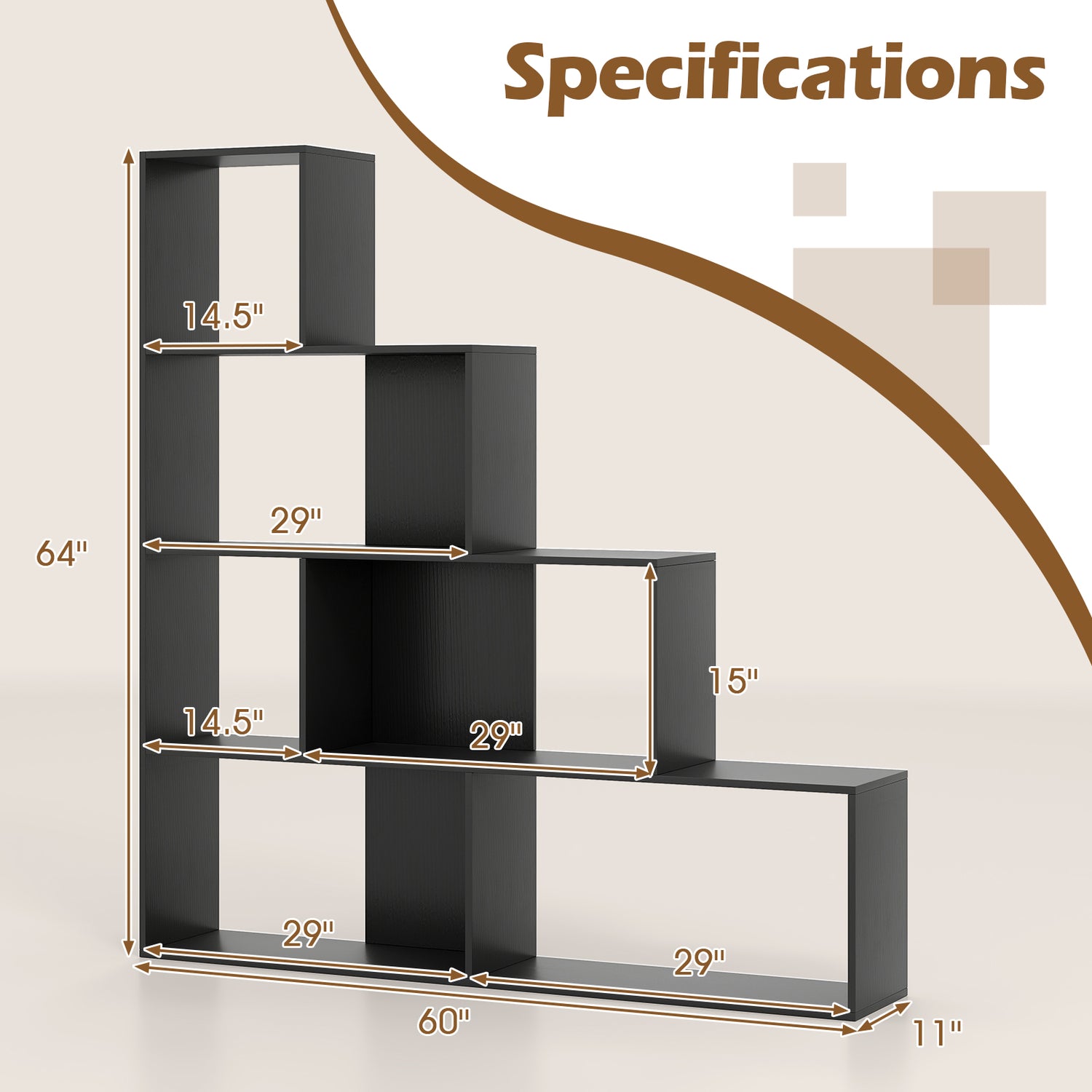 4-Tier Bookshelf Stair Bookcase with 6 Cubes Display Rack