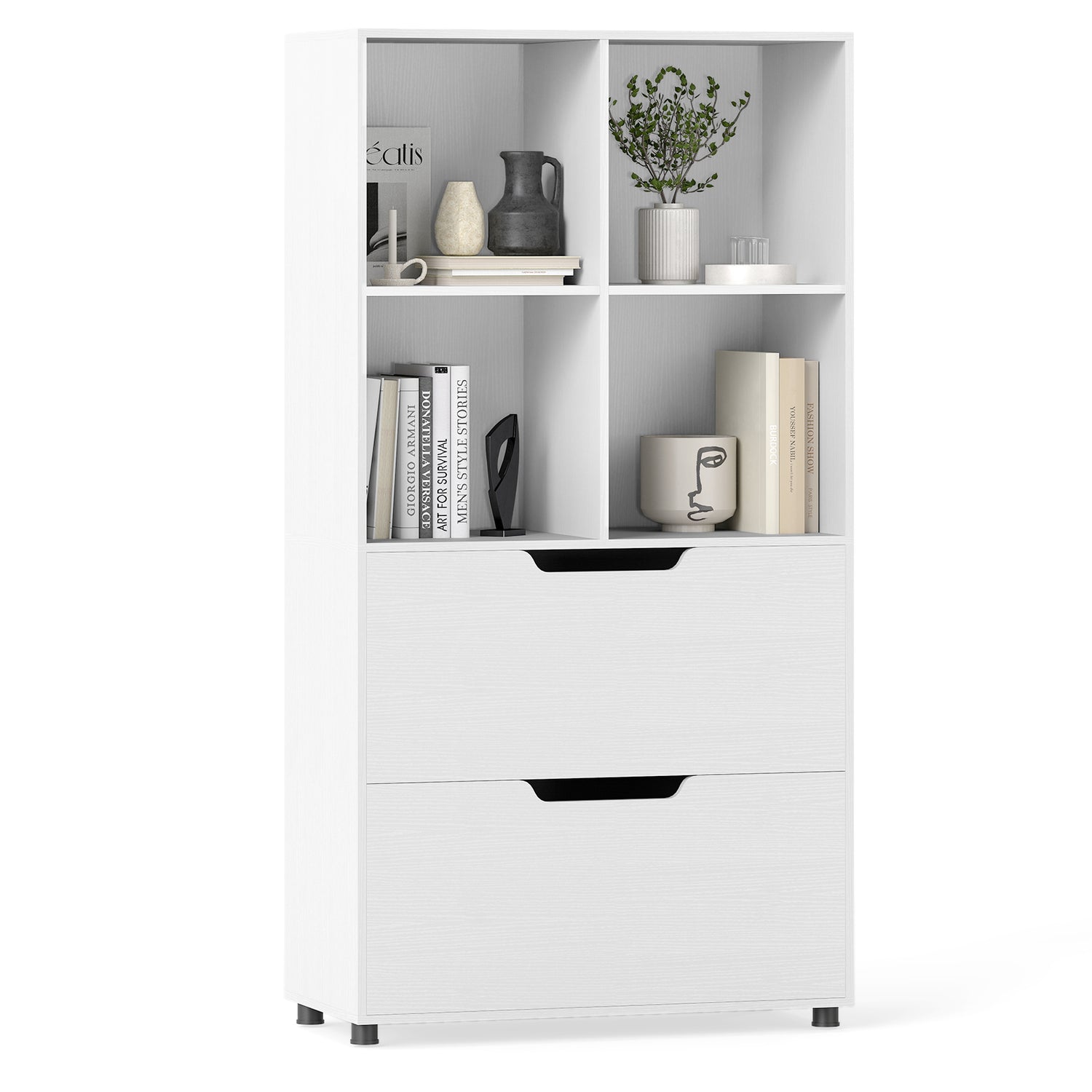 4-Tier Open Bookcase with 2 Drawers and 4 Storage Cubes-White