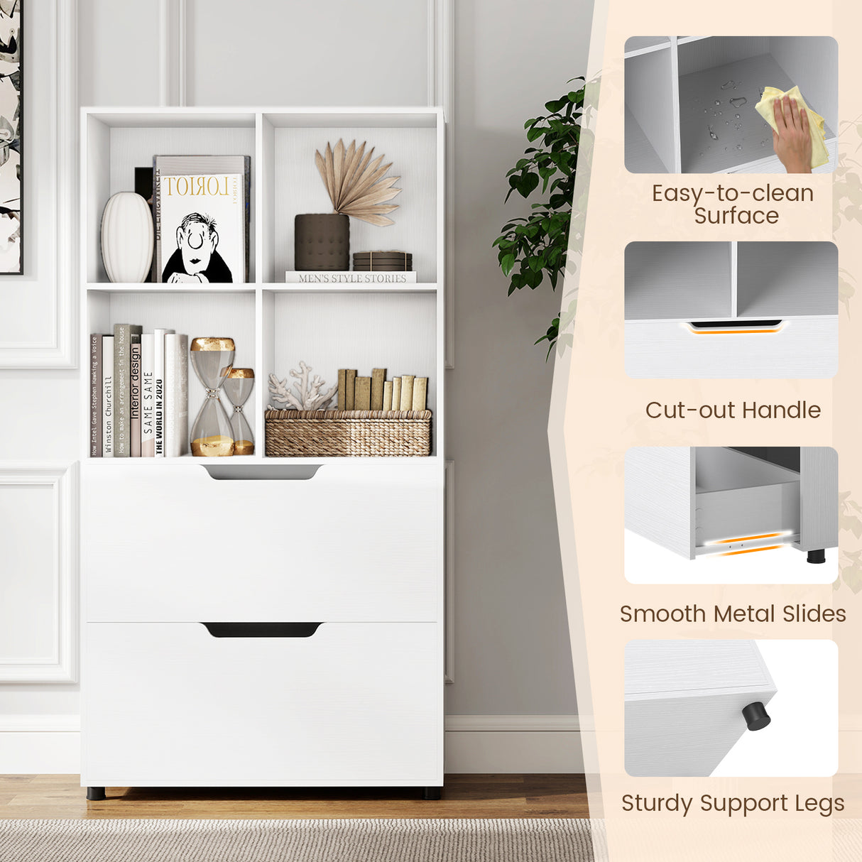 4-Tier Open Bookcase with 2 Drawers and 4 Storage Cubes-White