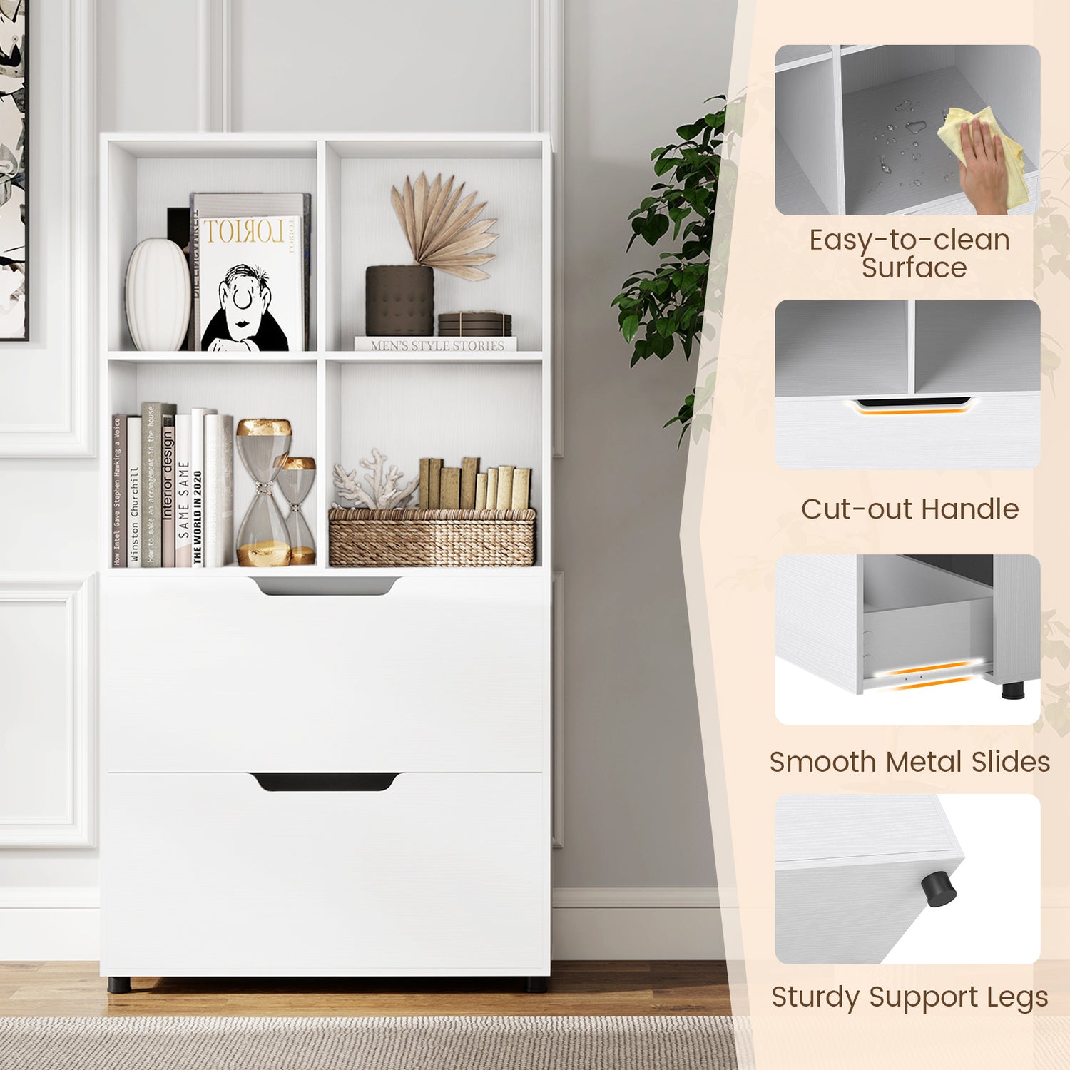 4-Tier Open Bookcase with 2 Drawers and 4 Storage Cubes-White