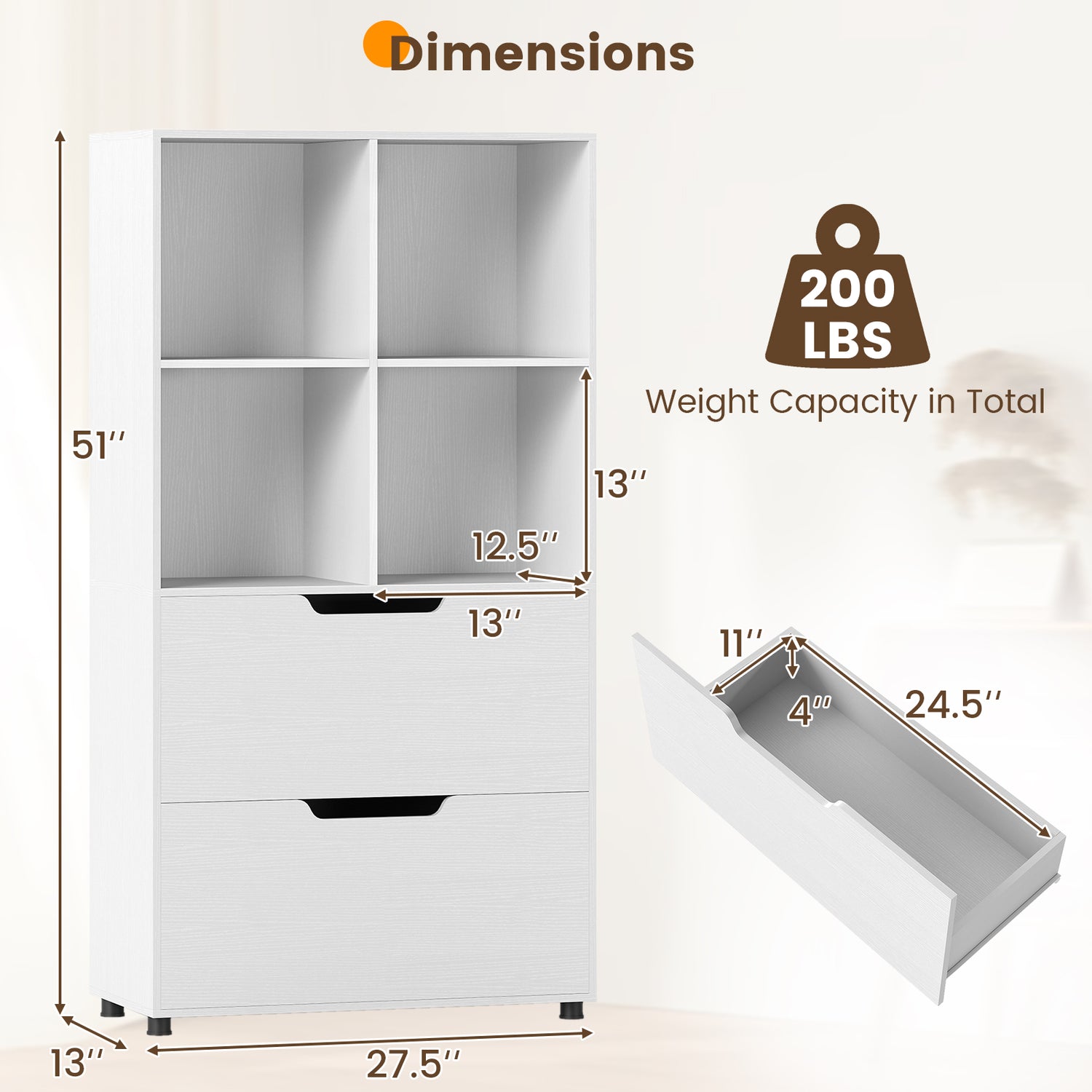 4-Tier Open Bookcase with 2 Drawers and 4 Storage Cubes-White