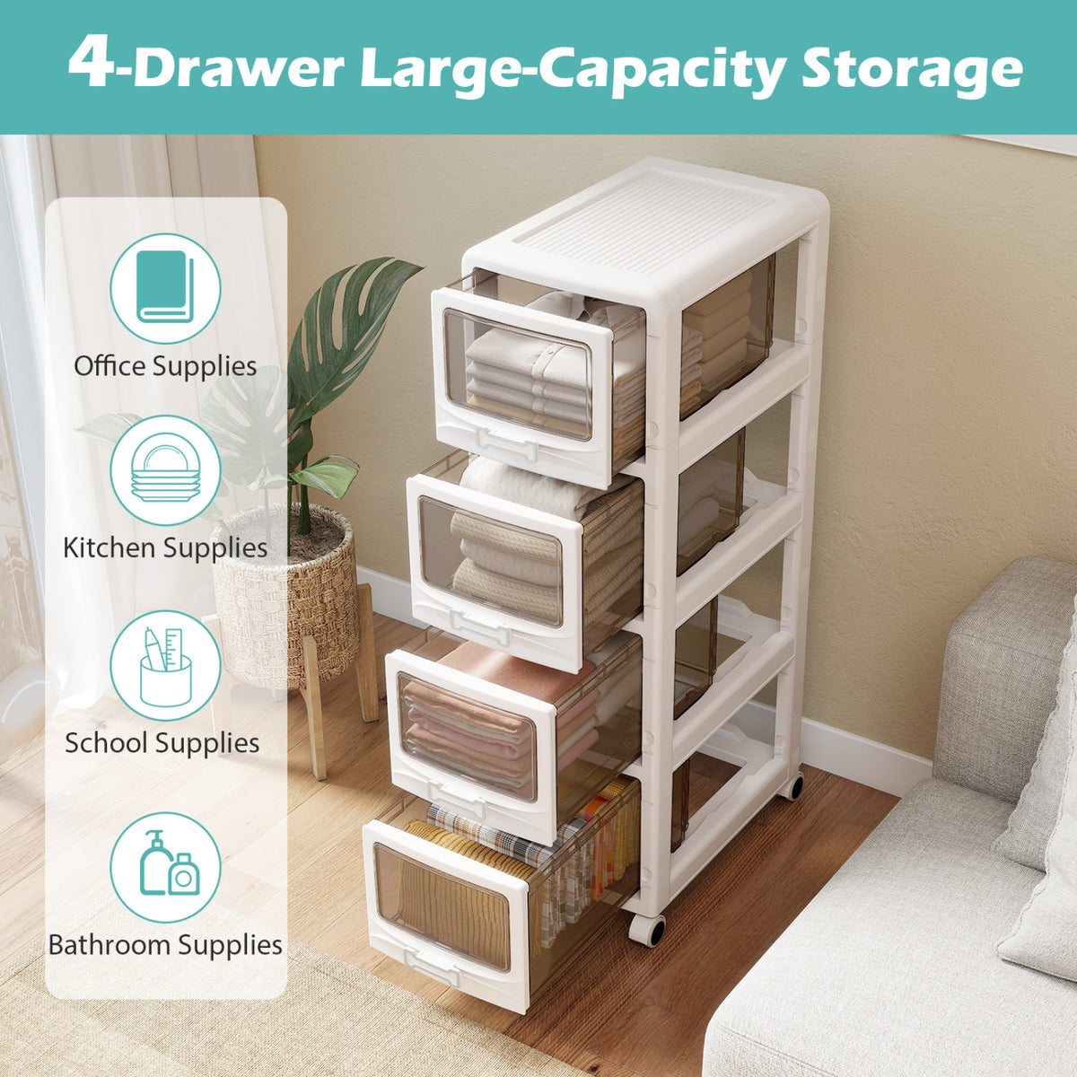4-Tier/5-Tier/3-Tier Plastic Drawer Storage Organizer Rolling Cart with 3/4/5 Drawers and Lockable Wheels