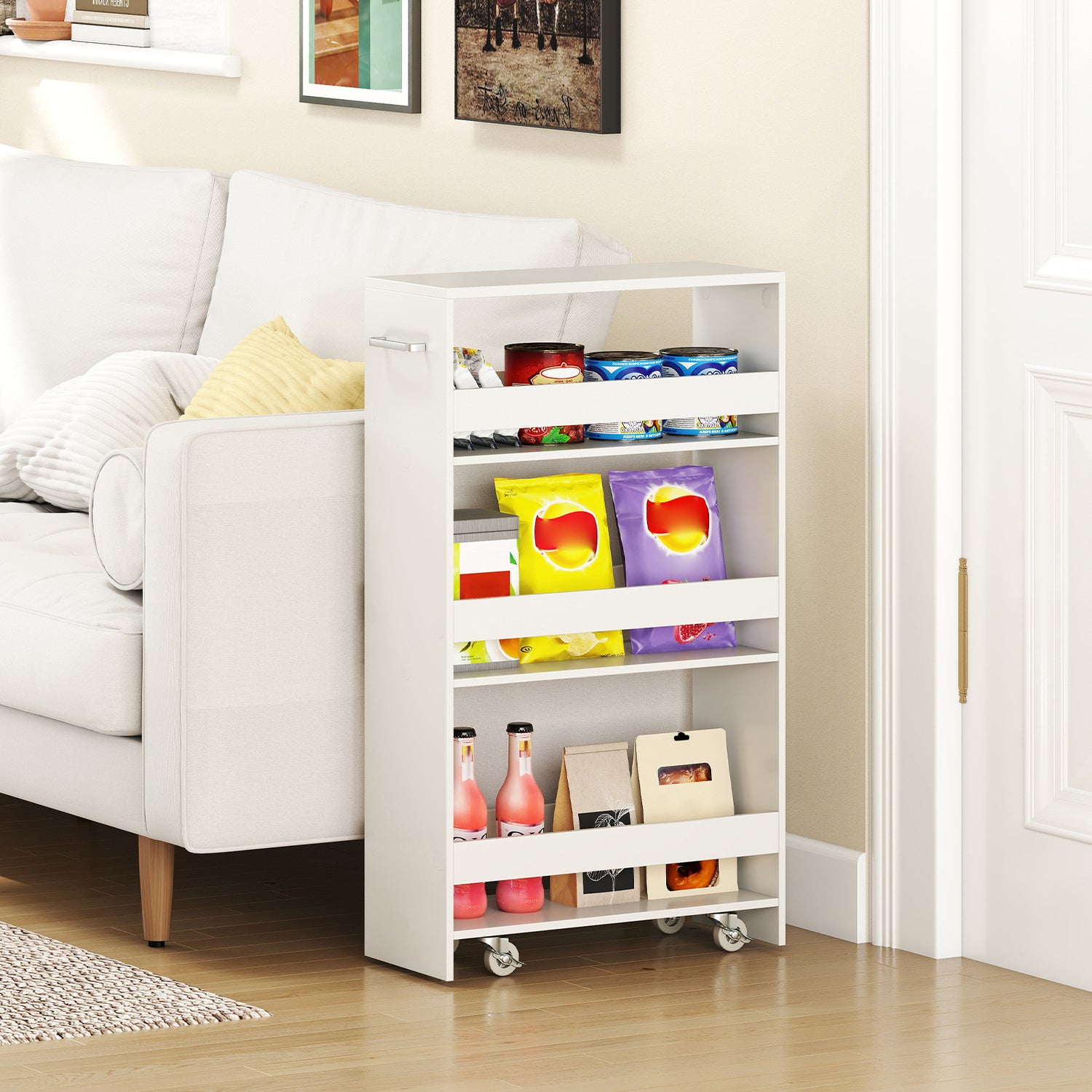 4-Tier Rolling Storage Cart Slim Kitchen Cart on Wheels with Open Shelves and Handle