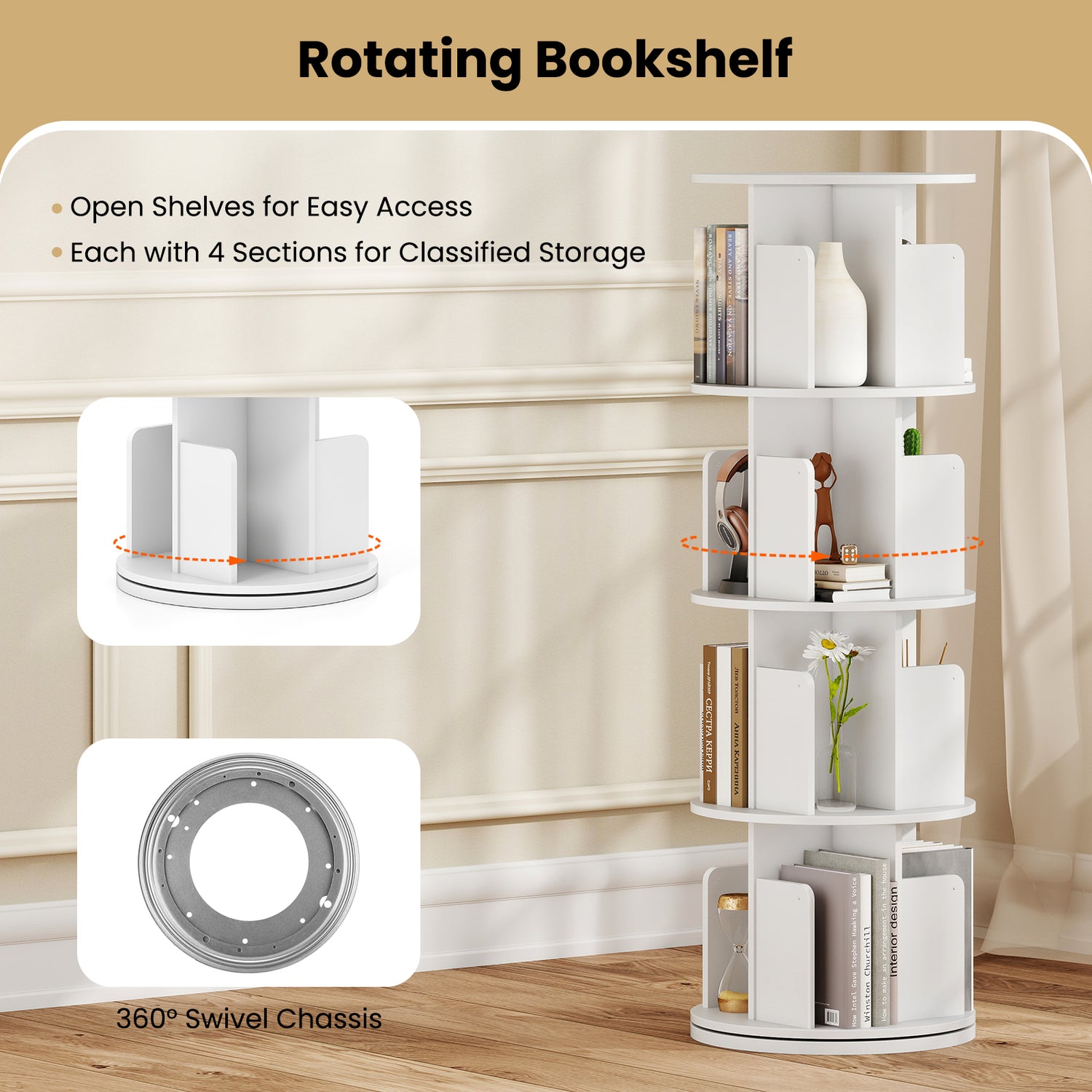 4-Tier Rotating Bookshelf 360° Display Rack with Dividers and Anti-falling Baffles