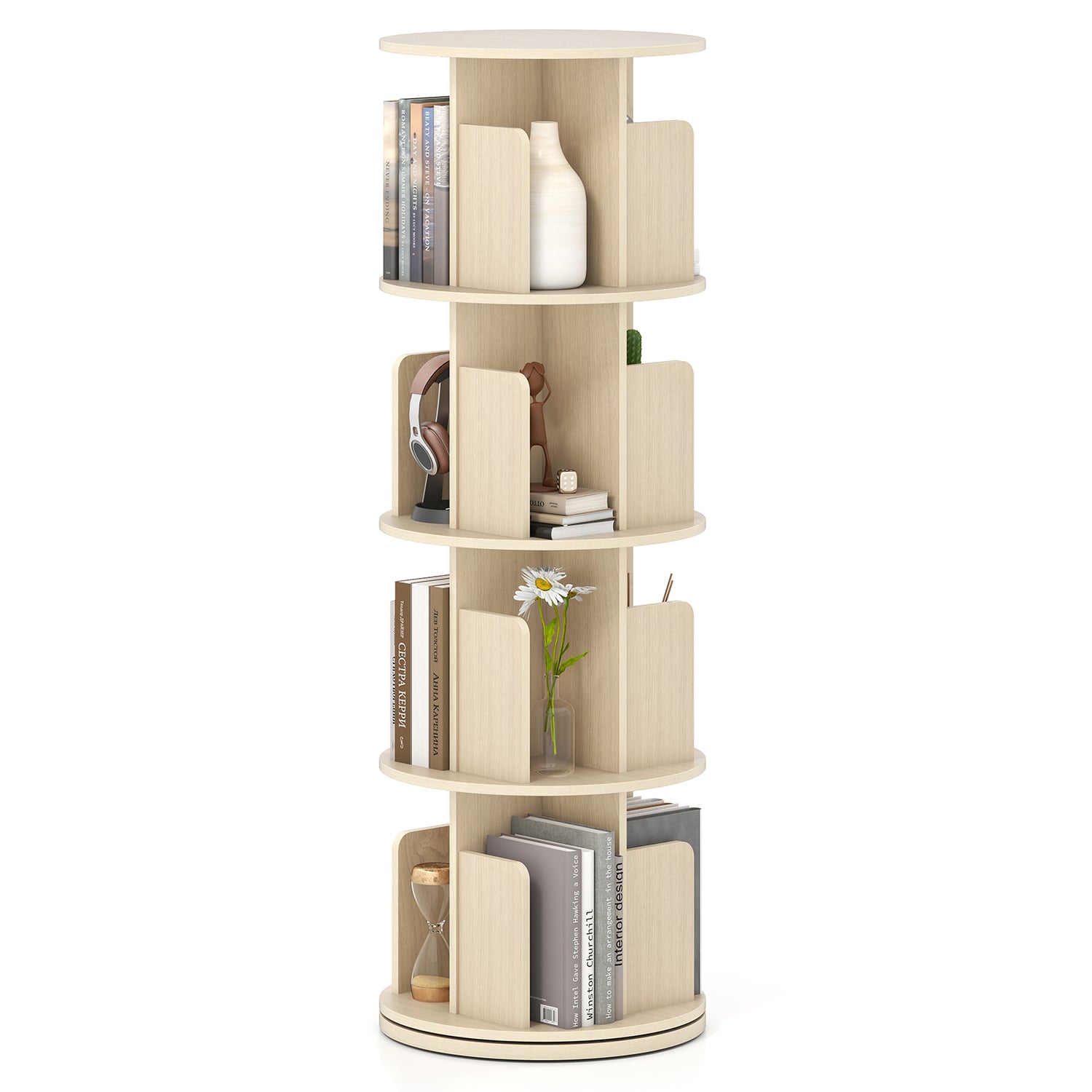 4-Tier Rotating Bookshelf 360° Display Rack with Dividers and Anti-falling Baffles
