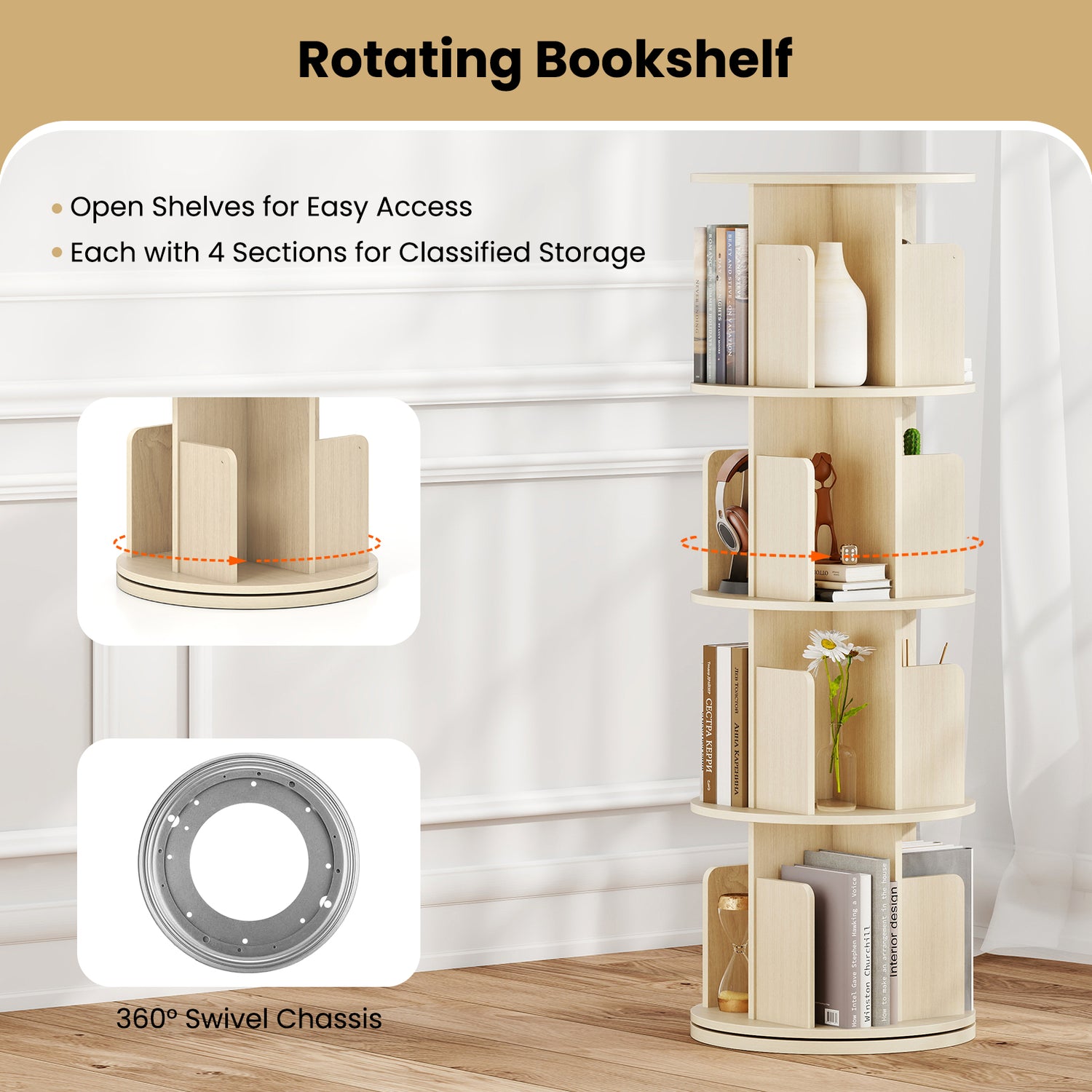 4-Tier Rotating Bookshelf 360° Display Rack with Dividers and Anti-falling Baffles