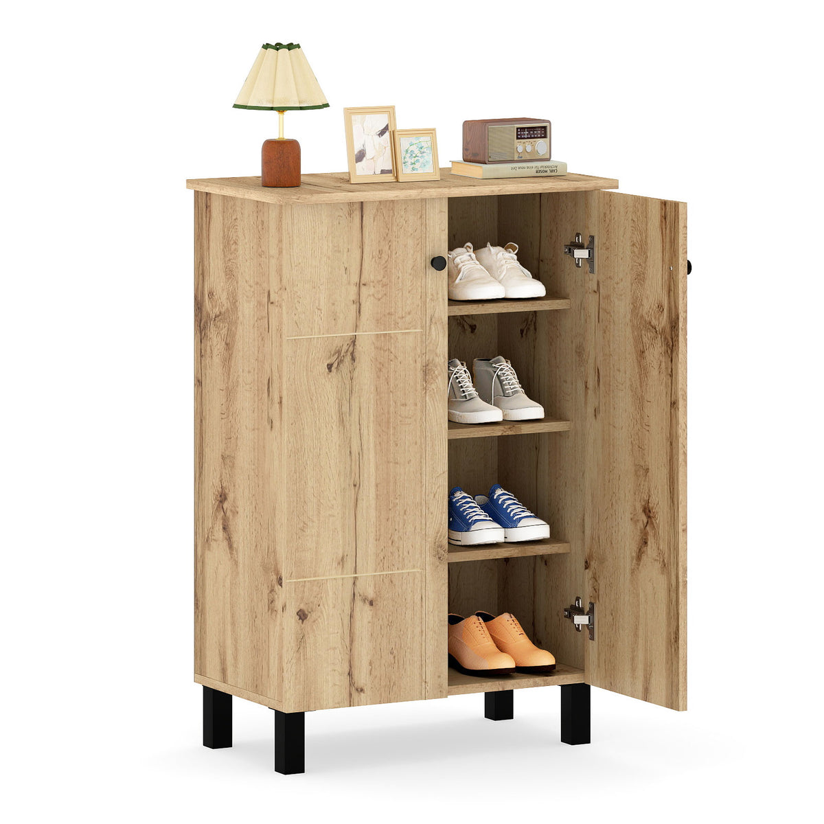 4-Tier Shoe Organizer with Removable Shelves and 2 Doors-Natural