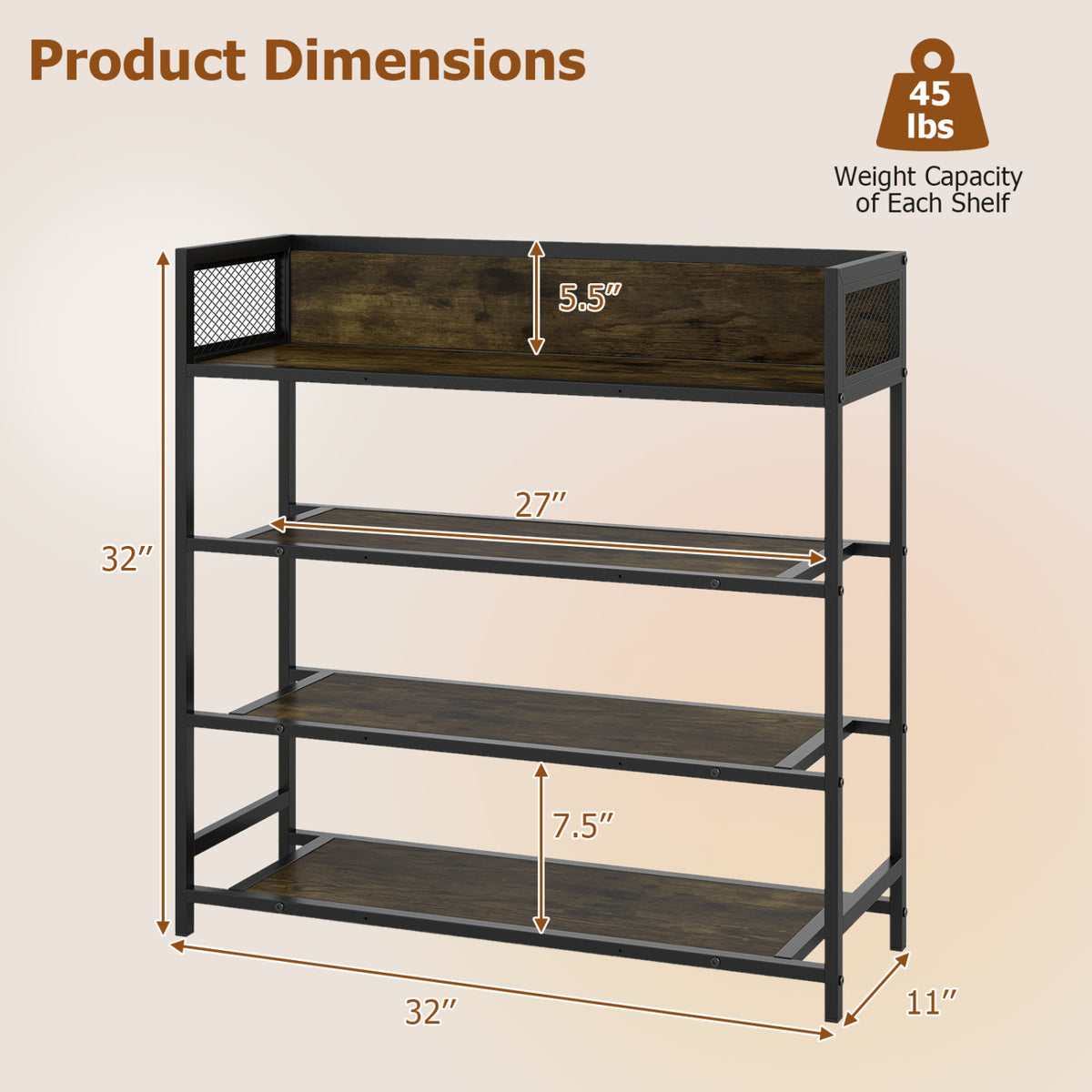 4-Tier Shoe Rack Industrial Shoe Organizer with Heavy Duty Metal Frame-Rustic Brown