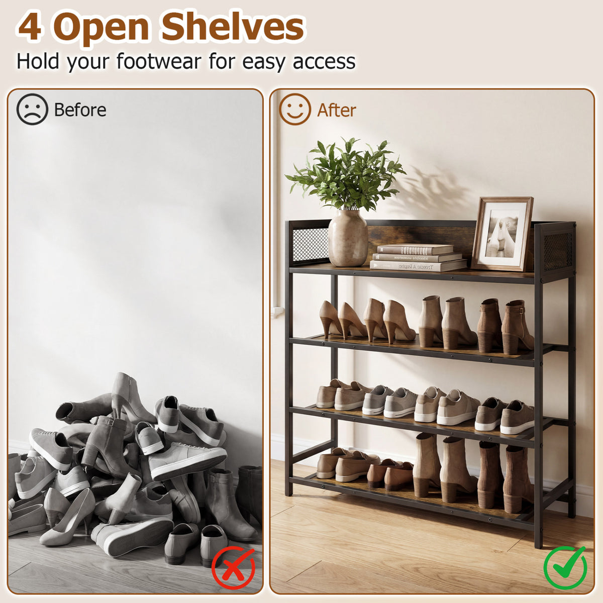 4-Tier Shoe Rack Industrial Shoe Organizer with Heavy Duty Metal Frame-Rustic Brown