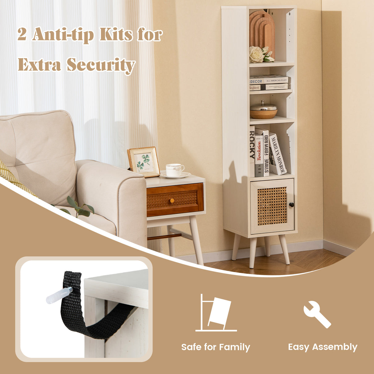 4 Tiers Rattan Storage Cabinet with Slim Design