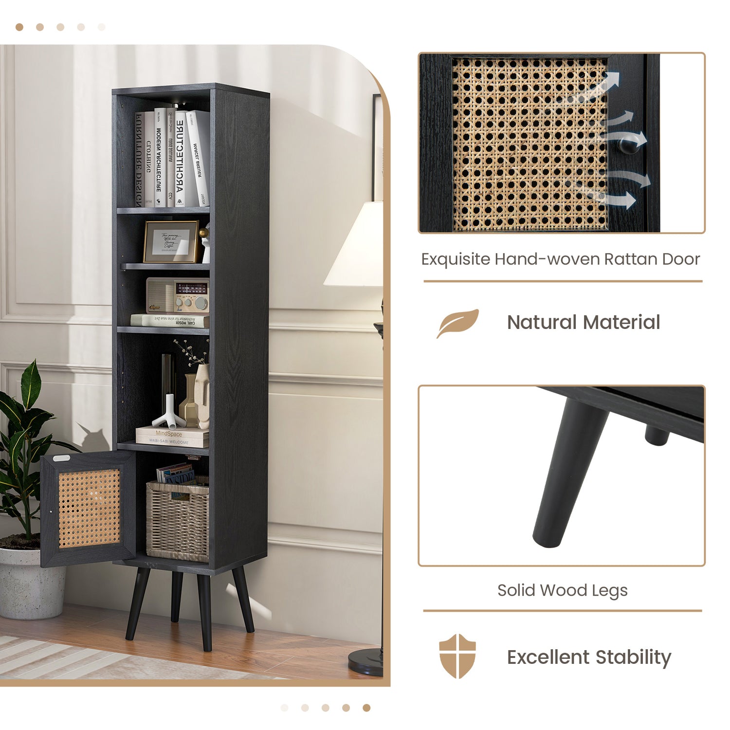 4 Tiers Rattan Storage Cabinet with Slim Design