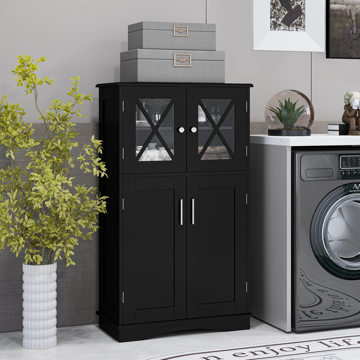 4 Doors Freeestanding Bathroom Floor Cabinet with Adjustable Shelves