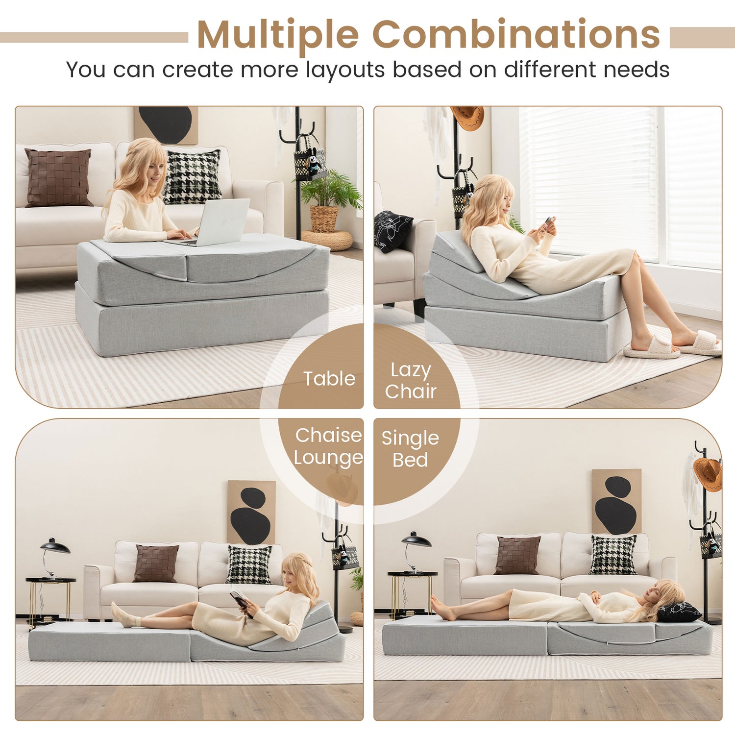 4-in-1 Convertible Folding Sofa Bed with High-Density Foam-Gray
