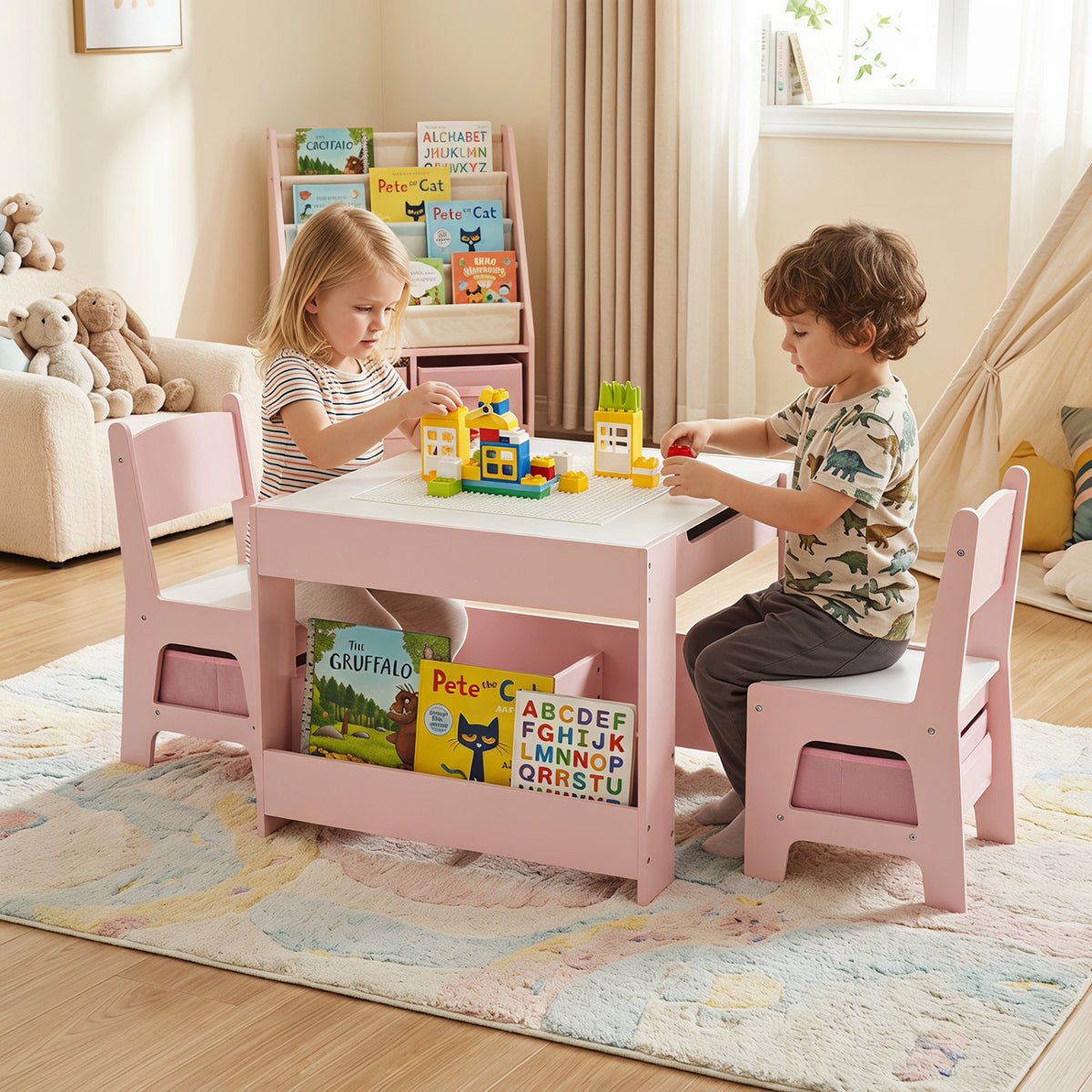1 Kids Table and Chairs with Building Blocks and Bookshelves