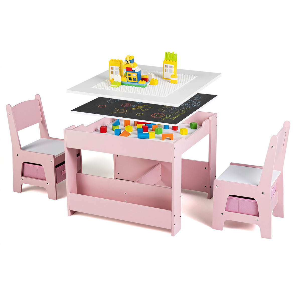 1 Kids Table and Chairs with Building Blocks and Bookshelves