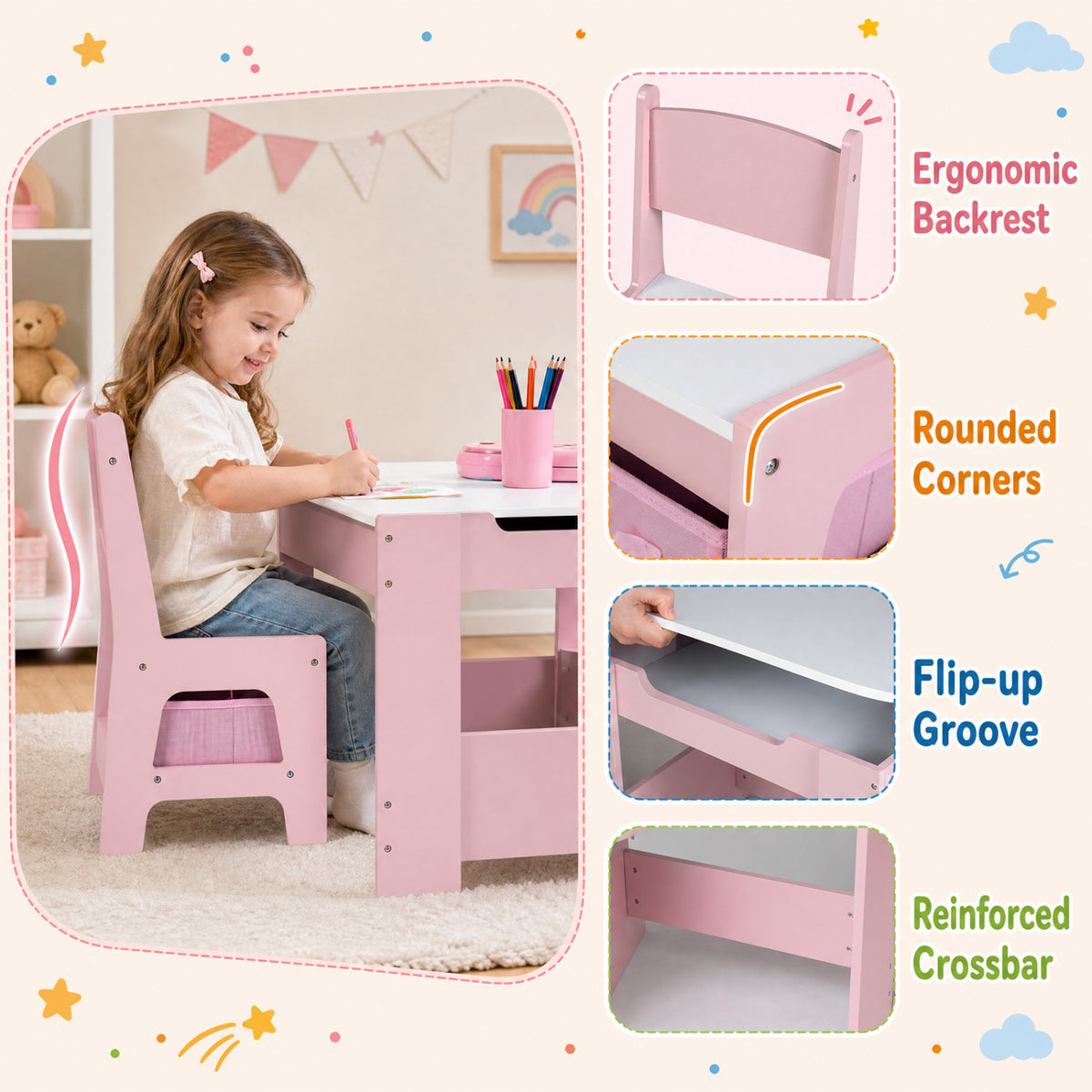 1 Kids Table and Chairs with Building Blocks and Bookshelves