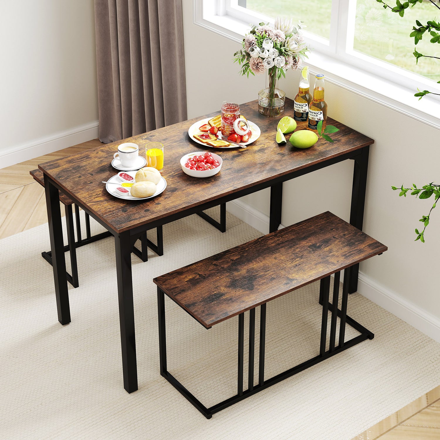 4 Pieces Industrial Dining Table Set with Bench and 2 Stools